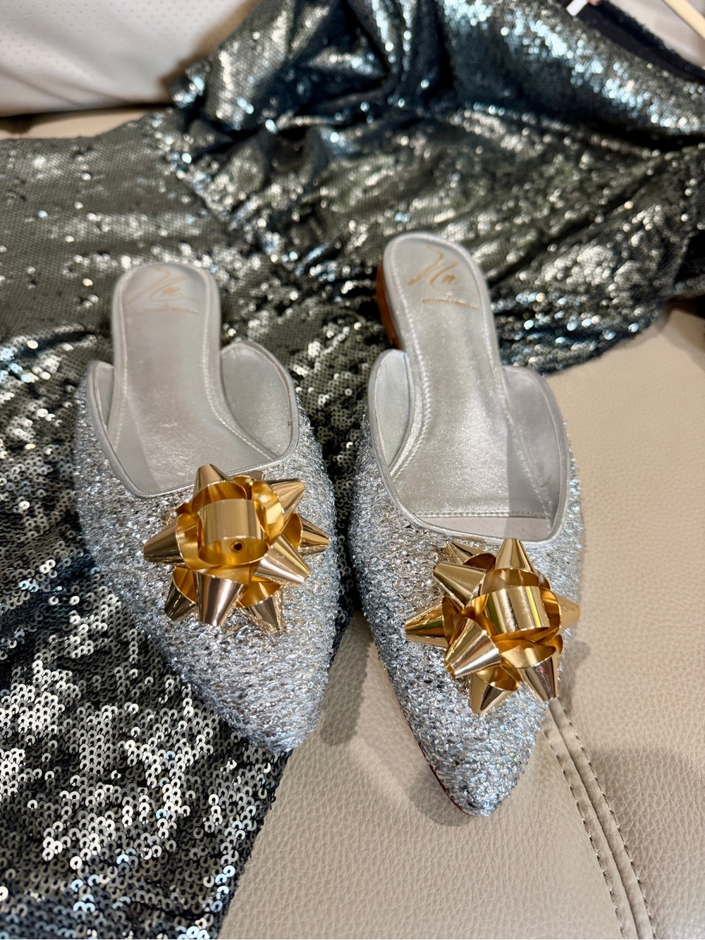 Silver Mules with Gold Bow Holiday shoes